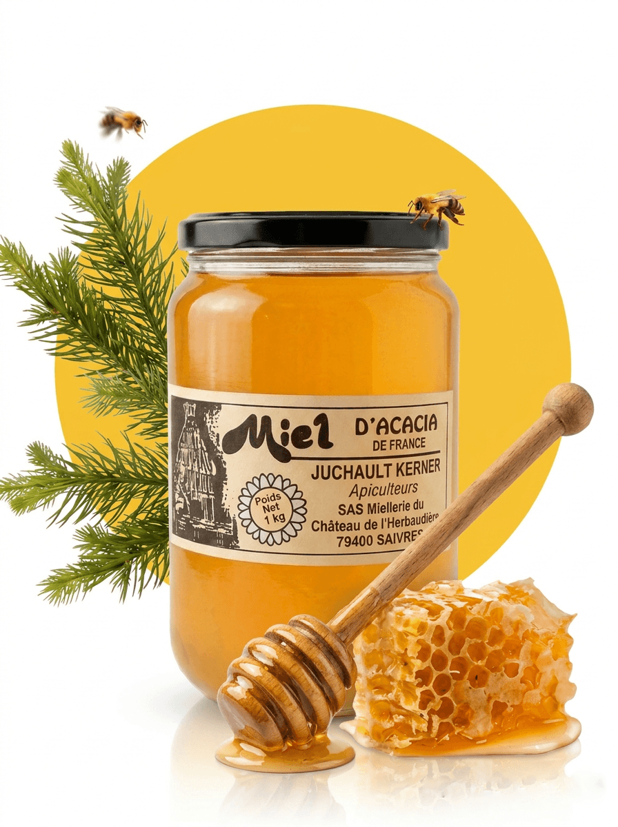 Grand pot de miel d'acacia de la miellerie, entouré d'abeilles, d'une branche de sapin et d'un rayon de miel, étiquette Juchault Kerner apiculteurs
